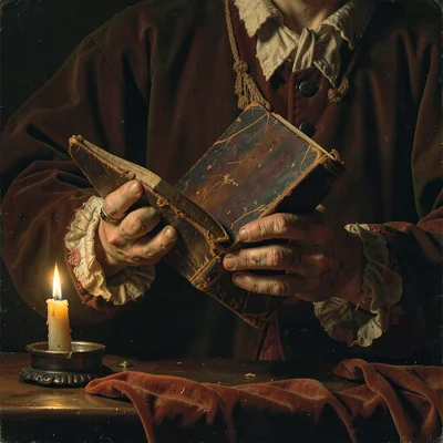 Two weathered hands gripping a worn leather-bound book, one candle casting amber