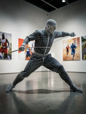 Fencer in lunge position but figure is wireframe sculpture, gallery setting