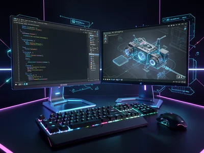Dual monitor setup with code on one screen and design on the other, mechanical k