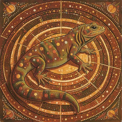 Indigenous Australian dot painting illustration, a goanna lizard with dotted ski