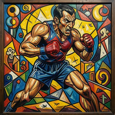 Boxer in fighting stance but rendered as Cubist painting, Picasso style