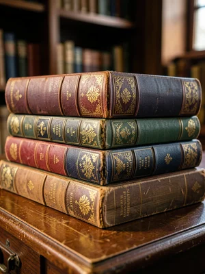 A stack of Victorian cloth-bound books in faded colors: burgundy, navy, forest g