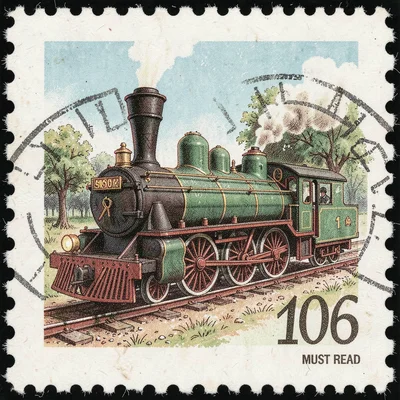 Postage stamp illustration, Classic steam locomotive , tiny perfect composition,