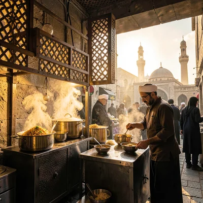 Islamic Cairo geometry, medieval city light, koshari stall with brass pots, stea