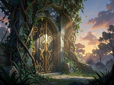 Vine-wrapped elven gate at sundown overgrown with vines, single beam through car