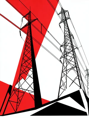 Power transmission lines and pylons, angular forms against a white ground