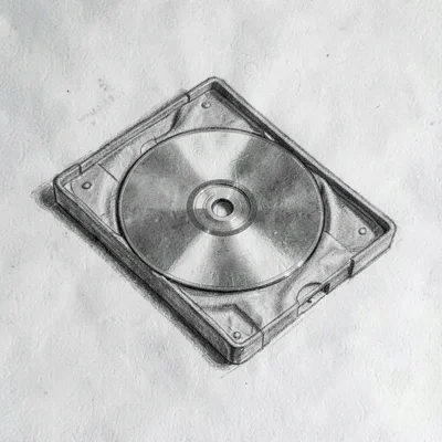 Charcoal study of a single CD lying half out of its case on a worn ledger, singl