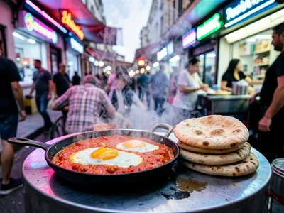 A shakshuka pan on a street cart in Tel Aviv, eggs poaching in tomato sauce, fre