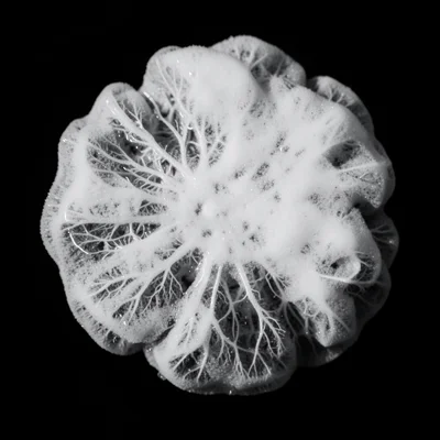 Vape cloud frozen by flash, intricate internal structures visible, dark backgrou