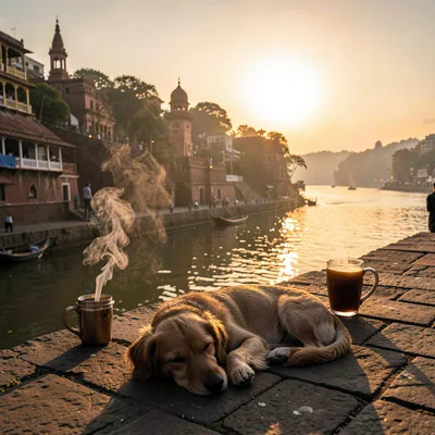 Sacred smoke catching golden Ganges light in Varanasi, Dog sleeping on warm ghat