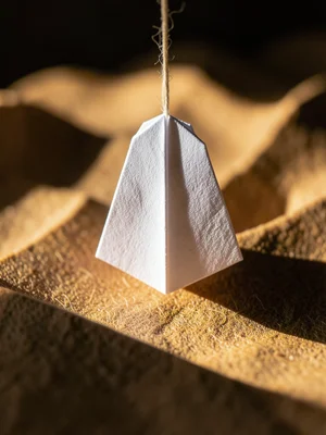 Origami ghost in white paper, simple fold, suspended on thread