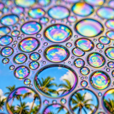 Oil drops on water reflecting summer sky and palm trees below, macro lens