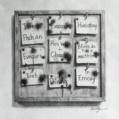 Charcoal study of an evacuation board with pinned messages, charcoal smudges blu
