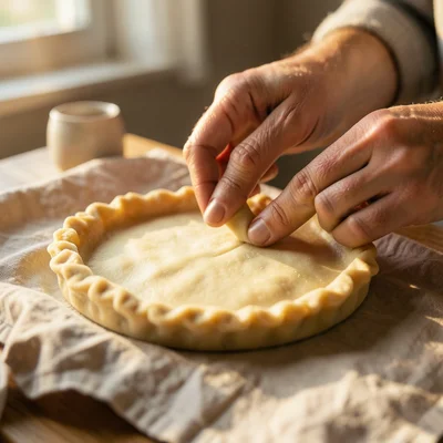 Close-up of fingers crimping pie crust edges into decorative pattern