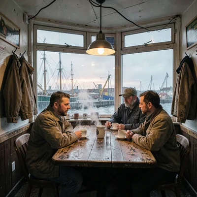 Port city documentary photograph, A harbor cafe at dawn, fishermen having coffee