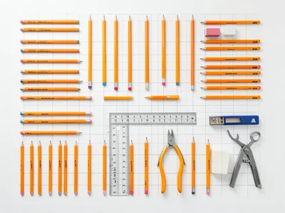 Art supplies: pencils graded H to B, erasers, sharpener, ruler, protractor, comp