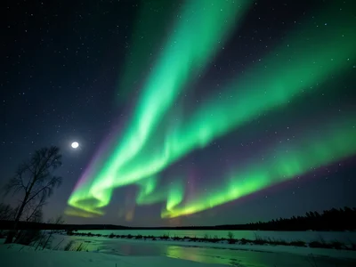 Aurora with moonlight, northern lights competing with full moon illumination, gr