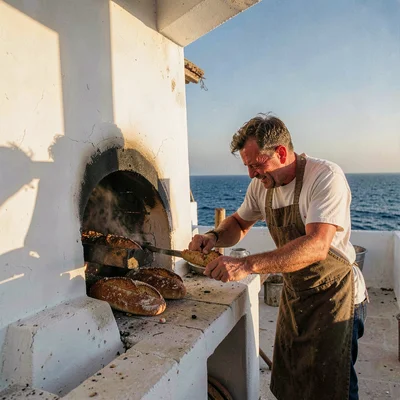 Mediterranean summer photograph, August dry heat, A baker pulling bread from a w