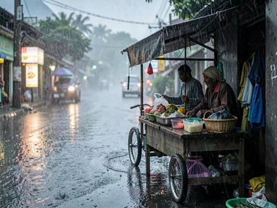 Street vendor in shelter rain