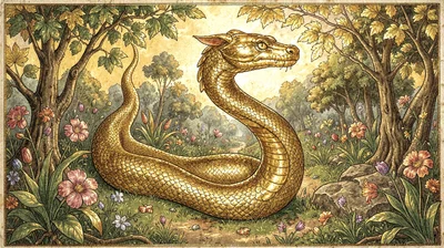 Gold leaf illuminated illustration, serpent in garden , burnished gold leaf area