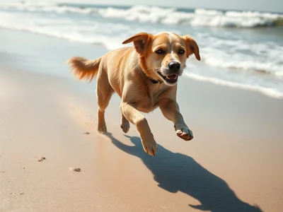 Candid photography of a dog running along the shoreline on a sunny beach, dynamic motion, sand kicked up around its paws