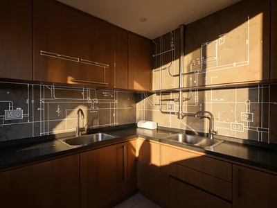 Kitchen photo with plumbing and electrical shown as blueprint overlay through wa