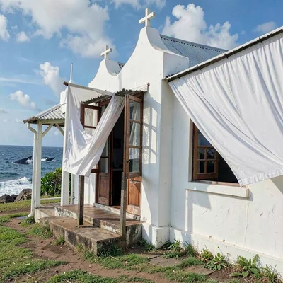 Sunday stillness in Nuku'alofa, Tonga, Church windows open to catch the breeze, 