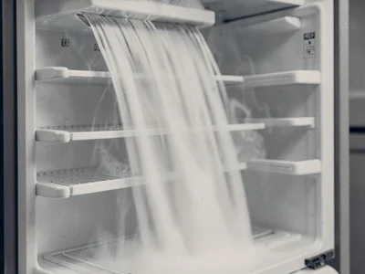 Cold air waterfall visible spilling from open fridge