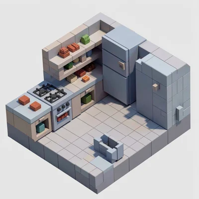 A kitchen scene with cube counters, a stove with block burners, cube refrigerato