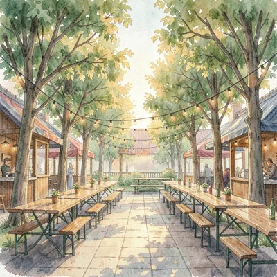 Atmospheric wide of a small beer garden under linden trees, long communal tables