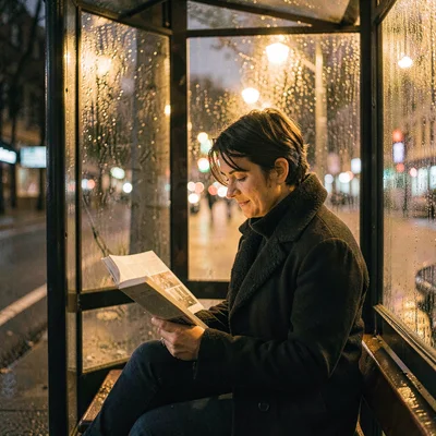 Tender warm-toned portrait of a person reading a paperback inside a glass bus sh