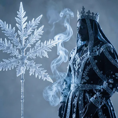 Cold-edge silhouette of a sinking-king draped in ice-encrusted finery, breath fo