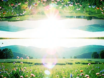 Pastel meadow under three suns at different heights, the horizon mirror-flipped
