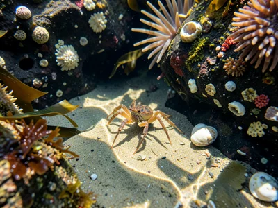 Hermit crab traversing a tide pool, legs visible through clear shallow water, sh
