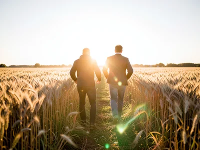 Couple running through wheat field, backlit by low sun, lens flare, wide angle
