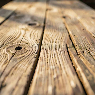 Tight texture study of weathered communal table planks with knot holes and grain