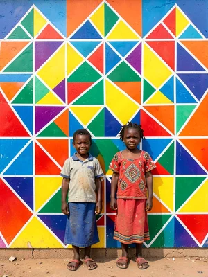 Two children standing in front of a painted homestead wall — wall fills backgrou