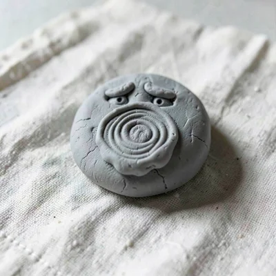 Worried putty-grey worry stone with a thumbprint divot in its center, on plain p