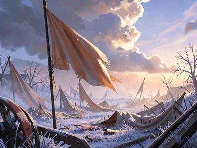 Frosted battlefield morning with a parting cloud beam onto fallen banners, warm 