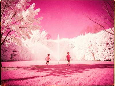 Children running through a lawn sprinkler with ghostly white hedges behind them