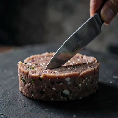 Macro-leaning composition of a knife pulling a thin slice from a terrine, low-ke