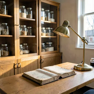 inside a country veterinarian's office at afternoon, oak cabinets lined with spe