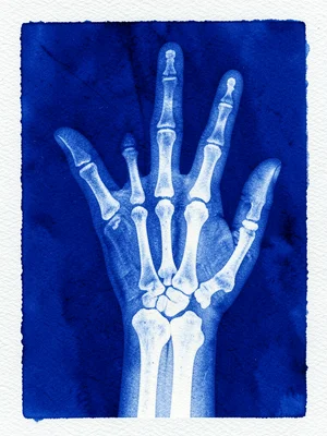 X-ray aesthetic photograph of a hand, bones and joints visible in blue-white mon