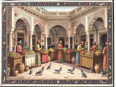 Market courtyard with fruit sellers under arched colonnades, pigeons on the pavi