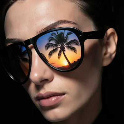 Close-up of designer sunglasses reflecting a palm tree sunset, face partially vi