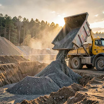 Atmospheric scene of a dump-truck delivery of crushed stone tipping into a prepa