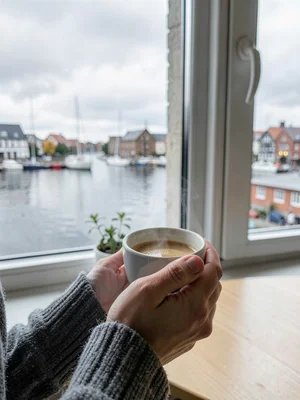 Comfortable grey harbor light in Gothenburg, Sweden, hands cupping a warm cup of