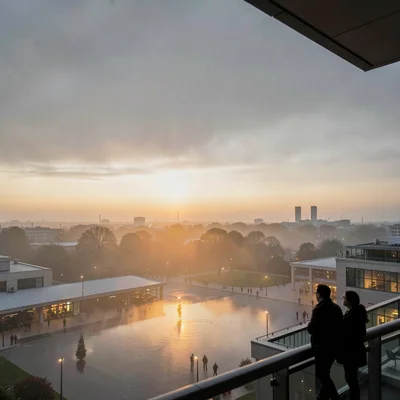 A small group silhouetted on a balcony above the conference plaza at dusk, amber