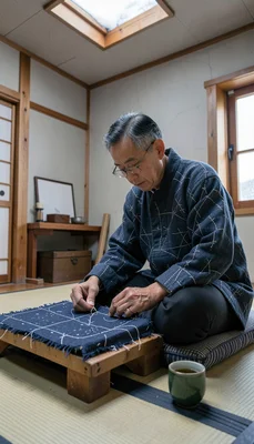 Documentary-style photograph, intimate and close, northern Japanese textile work