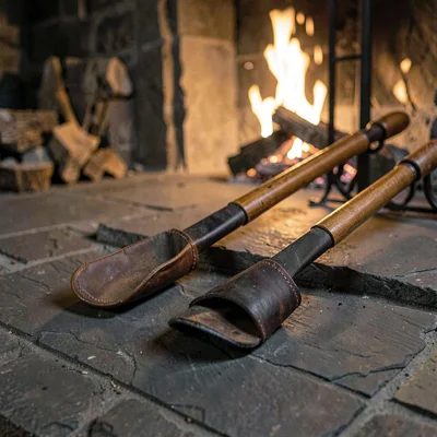 A pair of long-handled fireplace bellows on a slate hearth at lamp-light evening